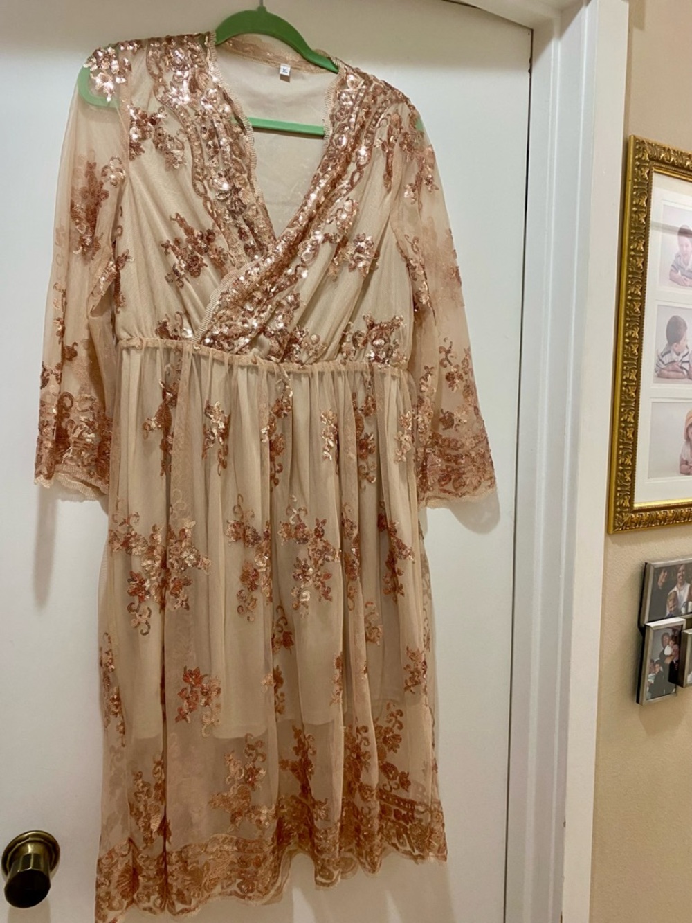 Rose Gold Sequin Wrap Long Sleeve Midi Dress size 16